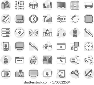 Editable thin line isolated vector icon set - receipt, calculator, spark plug, pacemaker vector, castle, remote control, intercome, surveillance camera, cpu, antenna, projector, browser window, pen