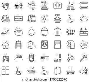 Editable thin line isolated vector icon set - soap vector, cleaner trolley, broom, vacuum, fetlock, scoop, bucket, towel, trash bin, water drop, shining, splotch, welcome mat, iron, bath, washer