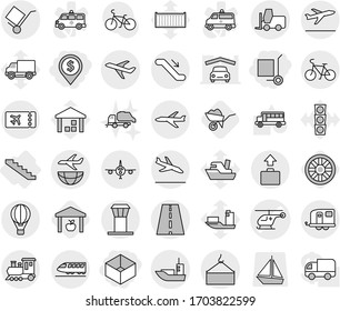 Editable thin line isolated vector icon set - dollar pin, box, cargo stoller, ambulance helicopter vector, road, plane, sea shipping, loading crane, trolley, fork loader, train, trailer, air ballon