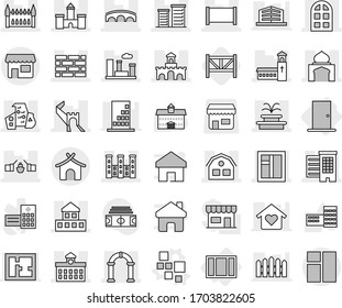 Editable thin line isolated vector icon set - castle, greate wall, drawbridge, cottage, houses, fence, church, minaret, modern architecture, window, brick, university, district, fountain, fort, city