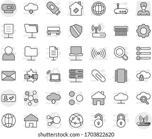 Editable thin line isolated vector icon set - smart house, check in, chip vector, laptop wifi, router, world, woman, internet, social media, notebook network, disconnection, folder, server, cloud