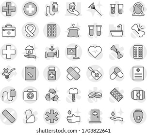 Editable thin line isolated vector icon set - medical cross vector, ambulance star, label, doctor case, patch, pills bottle, blister, recipe, dropper, harness, flag, roentgen, real estate, mirror
