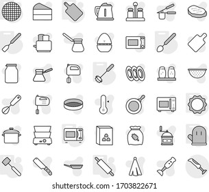 Editable thin line isolated vector icon set - cook glove, whisk, spatula, big spoon, rolling pin, meat hammer, cutting board, microwave oven, induction, sieve, pan vector, kettle, colander, towel