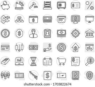 Editable thin line isolated vector icon set - dollar coin, money, receipt, cashbox, atm, abacus vector, bank, exchange, gold ingot, cart, japanese candle, laptop graph, cash, crisis, piggy, manager
