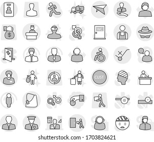 Editable thin line isolated vector icon set - hand coin, broken vector, hospital recieption, architector, client, support manager, customs, do not trolley sign, courier delivery, security man, trash