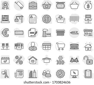 Editable Thin Line Isolated Vector Icon Set - Basket, Delete Cart, Unlock, Market, Percent, Bar Code, Bridge, Airport Building, Factory, Loading, Inventory, Suitcase, Yacht, Conveyor Vector, Abacus