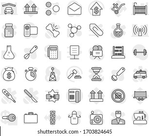 Editable thin line isolated vector icon set - apron vector, cook timer, whisk, ladle, case, abacus, molecule, flask, money bag, dollar growth, auction, barbell, no fastfood, traffic light, top sign