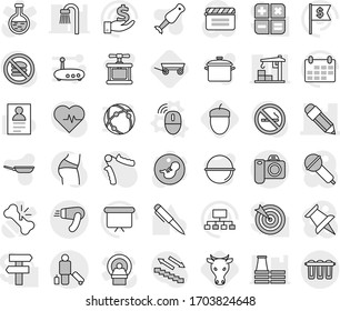 Editable thin line isolated vector icon set - pencil, passenger, wireless mouse vector, cow, trailer, acorn, pan, camping cauldron, cook press, blender, pen, personal information, investment, flask
