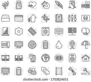 Editable thin line isolated vector icon set - sponge vector, water drop, welcome mat, washboard, microwave oven, pen, magnet, dollar growth, boxing glove, calendar, stadium, earth, Railway carriage