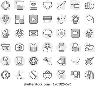 Editable thin line isolated vector icon set - brain vector, window, geo pin, sand clock, palm, map, lifebuoy, fence, floor lamp, atom, on off button, touchscreen, shield, saute pan, measuring cup