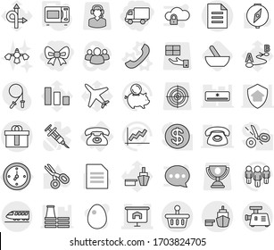 Editable thin line isolated vector icon set - bow, delivery, presentation, port, document, hi quality package, basket, train, watch, phone, vector, microwave oven, mortar, hard reach place cleaning