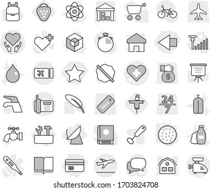Editable thin line isolated vector icon set - credit card, star, left arrow, heart cross vector, health care, house, phone, ticket, departure, repair tools, satellite antenna, atom, 3d, signal, drop