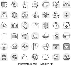 Editable thin line isolated vector icon set - credit card, sand clock vector, ear, ambulance sign, drawbridge, smart house, shipping, route, flammable, plane, restaurant, home, toilet, rocket start