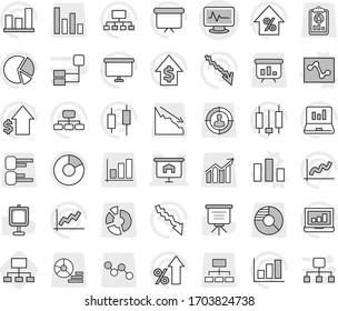Editable thin line isolated vector icon set - monitor pulse vector, presentation, chart, analytics, hierarchy, graph, pie, japanese candle, laptop, crisis, percent growth, dollar, board, report