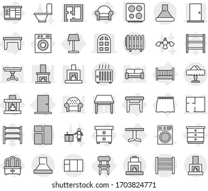 Editable thin line isolated vector icon set - door, arch window, plan, rack, restaurant, curtain, table, nightstand, chest of drawers, wardrobe, dresser, stool, chair, armchair, crib, fireplace, hob