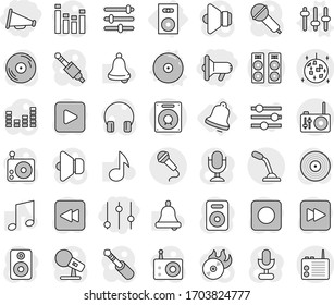 Editable thin line isolated vector icon set - equalizer, megafon, loudspeaker, disco ball, speaker, bell, setup vector, cd, music, disk, hit, microphone, radio, headphones, play button, forward, rec
