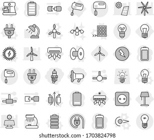 Editable thin line isolated vector icon set - megafon, spark plug, bulb, air conditioning, electricity, power socket, mixer, coffee maker, floor lamp, photon vector, magnetic field, coil, windmill