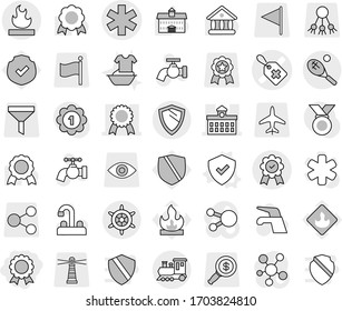 Editable thin line isolated vector icon set - medal, ambulance star vector, medical label, university, flammable, train, tennis, shield, handwheel, water tap, handle washing, protected, lighthouse