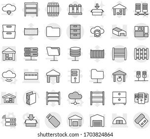 Editable thin line isolated vector icon set - archive vector, bunker, warehouse, hangare, consolidated cargo, documents, rack, pallet, server, cloud, service, barrel, grain elevator, package, binder