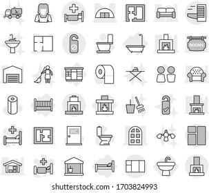 Editable thin line isolated vector icon set - hangare, arch window, plan, hotel, hospital, do not distrub, sink, bath, wardrobe, bed, crib, fireplace, toilet vector, paper, water closet, tap, barn