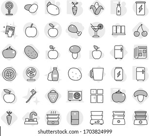 Editable thin line isolated vector icon set - chicken leg, apple vector, cocktail, cooler fan, water tap, fridge, cup, vegetable oil, tomato, carrot, lemon, cherry, mushroom, corn, strawberry, fruit