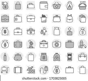 Editable thin line isolated vector icon set - purse, add to basket, shopping bag, doctor vector, case, dropper, tourist, passenger, suitcase, baggage, trolley, flour, fertilizer, garbage, trash