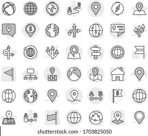 Editable thin line isolated vector icon set - dollar pin, home, geo, location details, globe, map, route a to b, earth, signpost, compass, orbit vector, hierarchy, world, flag, navigator, traking