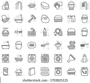 Editable thin line isolated vector icon set - bath, washing machine, towel, bucket, soap vector, scraper, fetlock, sponge, drying clothes, washer, powder, shower, sink, shampoo, dish cleanser, brush