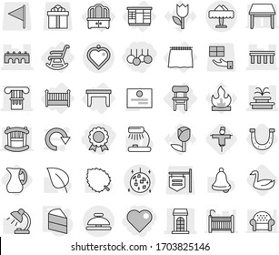 Editable thin line isolated vector icon set - sale, heart, medal, column, bridge, building, fountain, disco ball, restaurant, pendant, service bell, curtain, table, wardrobe, dresser, chair, crib