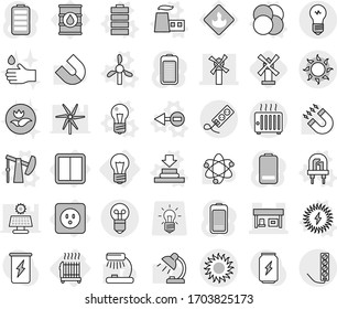 Editable thin line isolated vector icon set - windmill, gas station, sun, bulb, power socket, switch, radiator, atom core vector, electron, led, factory, press, oil pump, battery, solar, hand drop