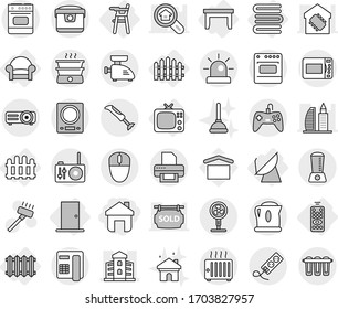 Editable thin line isolated vector icon set - home, building, remote control, table, armchair, Chair for babies, tv, radiator, fence, door, satellite antenna, towels, vacuum cleaner vector, plunger