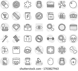 Editable thin line isolated vector icon set - medical cross vector, ambulance star, heart, female sign, crutch, patch, pill, pills bottle, skull, hat, heavy, warehouse scales, soap, tooth brush, egg