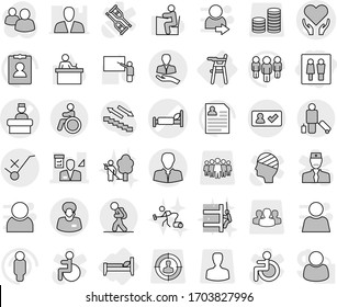 Editable thin line isolated vector icon set - wc, hospital bed vector, health care, recieption, architector, client, support manager, do not trolley sign, tourist, check in, passenger, invalid, man