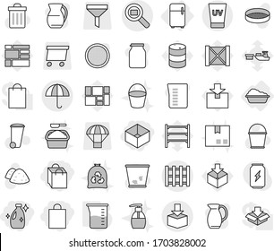 Editable thin line isolated vector icon set - shopping bag, box, cleanser, dry cargo, package, search, pallet, uv cream, washing, fridge, measuring cup, bucket vector, trash bin, garbage pile, jug