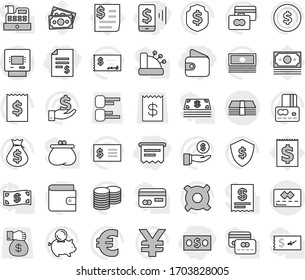 Editable thin line isolated vector icon set - money, account balance, mobile pay, wallet, atm receipt, credit card, dollar coin vector, cash, bag, piggy bank, investment, stack, check, shield, yen