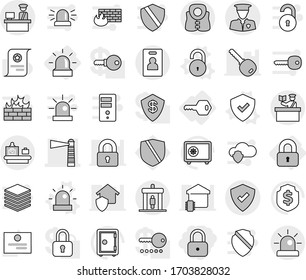 Editable thin line isolated vector icon set - lock, lighthouse, customs control, protected, security man, detector, baggage checking, inspector, identity card, life vest, locked, key, alarm, unlock
