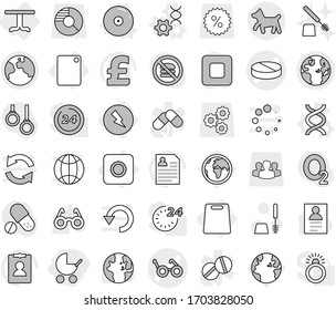 Editable thin line isolated vector icon set - baby stroller, pill vector, pacemaker, globe, earth, dog, electricity, ring button, table, cutting board, dna, edit, cd, toilet brush, glasses, world