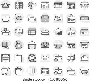 Editable thin line isolated vector icon set - basket, market, scales, shopping bag, bar code, atm receipt, store signboard, cargo stoller, shop, warehouse, hangare, heavy, pallet, fast deliver, card