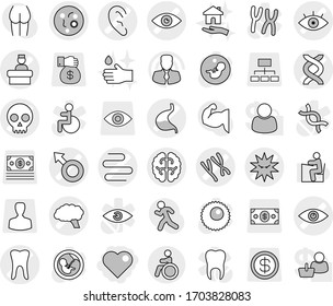 Editable thin line isolated vector icon set - heart, eye vector, male sign, dna, microbe, chromosomes, skull, tooth, ear, stomach, intestines, brain, virus, hospital recieption, invalid, hand drop