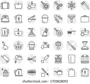 Editable thin line isolated vector icon set - scissors vector, scalpel, cargo top sign, basket, suitcase, baggage get, handwheel, mixer, pan, saute, kettle, knife holder, hand mill, axe, bucket, car