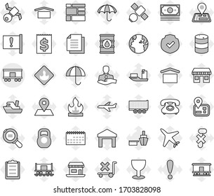 Editable thin line isolated vector icon set - railroad shipping, navigator vector, earth, map pin, Railway carriage, attention, office, plane, satellite, money, phone, client, ship, truck trailer