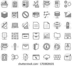 Editable thin line isolated vector icon set - store signboard, shop, singlepost, info, reception, satellite antenna, vector, circuit, signal, do not distrub, notebook pc, document, archive, binder