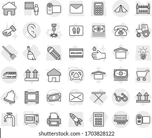 Editable thin line isolated vector icon set - calculator, ear vector, pacemaker, gothic architecture, truck shipping, train, tent, phone, iron board, broom, bell, laser, printer, microwave oven
