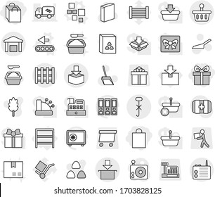 Editable thin line isolated vector icon set - gift, shopping bag, do not hook sign, warehouse, package, pallet, basket, rack, blocks vector, conveyor, scoop, washing powder, cereal, binder, safe