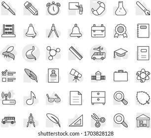 Editable thin line isolated vector icon set - stomach vector, transfer, router, croissant, wasp, copybook, graduate hat, pen, pencil, school building, blackboard, corner ruler, drawing compass, case