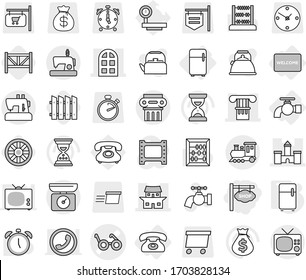 Editable thin line isolated vector icon set - shop signboard, pacemaker vector, column, castle, japanese house, arch window, train, antique, water tap, phone, fridge, welcome mat, wheel, fence, farm