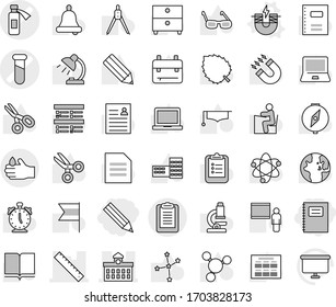 Editable thin line isolated vector icon set - pencil, copybook, test vial vector, potion bottle, university, ruler, clipboard, acid, electric magnet, book, graduate hat, school building, blackboard