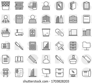 Editable thin line isolated vector icon set - pencil, copybook, hospital recieption vector, archive, skyscraper, district, office, clipboard pen, document, suitcase, hotel, reception, chair, phone