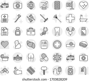 Editable thin line isolated vector icon set - medical cross vector, ambulance star, heart pulse, crutch, doctor case, pills bottle, blister, head reflector, hospital, anamnesis, dropper, tooth, flag