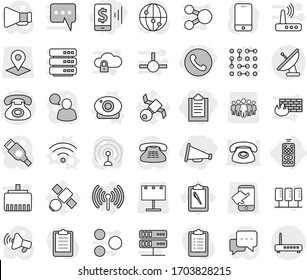 Editable thin line isolated vector icon set - clipboard, mobile pay, loudspeaker, phone, remote control, wireless, web camera vector, circuit, satellite, billboard, pointer, team, touch, antenna